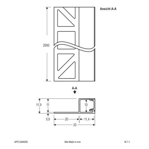 EVN APFL5 tegelprofiel zijdelings 200cmx3,3cm alu