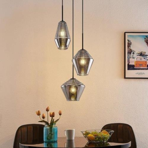 Lindby Ekkis hanglamp, 3-lamps, rond, rookgrijs