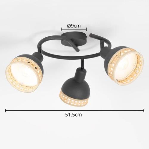 Lindby Lonnaris plafondlamp, rotan, rond, 3-lamps