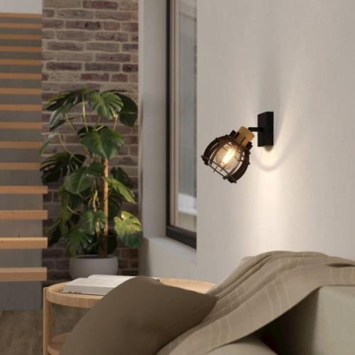 Wandlamp Stillington 1 van staal met houtdetail