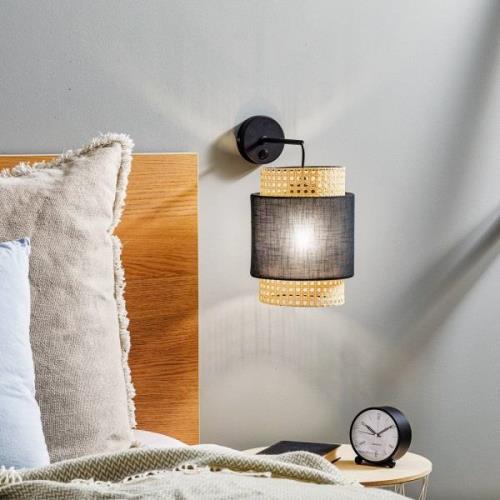 Boho wandlamp, zwart/rattan