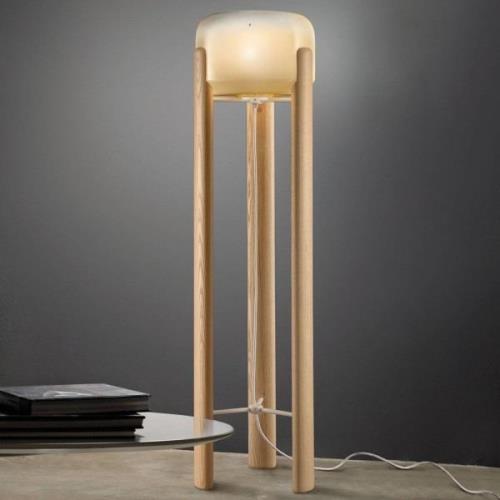 Vloerlamp Sata kap in amber, voet hout licht