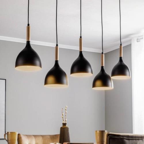 Hanglamp Nanu met hout lang 5-lamps zwart