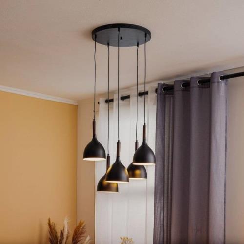 Hanglamp Noak 5-lamps rond zwart/hout natuur