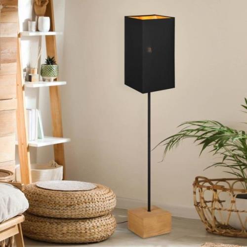 Vloerlamp Woody, hout/textiel, kubusvorm, zwart