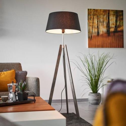 Quitani Thea vloerlamp, grijs hout, zwarte kap