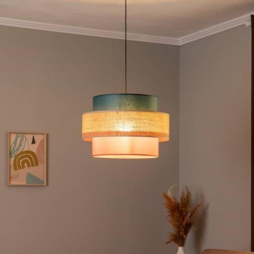 Hanglamp Trio, jute kap, petrol/natuurbruin/oranje Ø 50cm