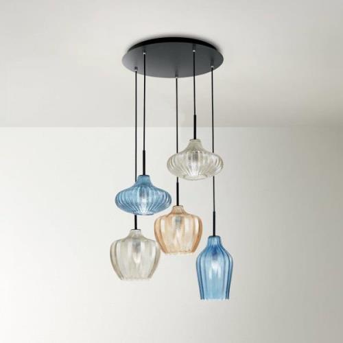 Hanglamp Olbia, Ø 50 cm, 5-lamps, amber/blauw/beige, glas