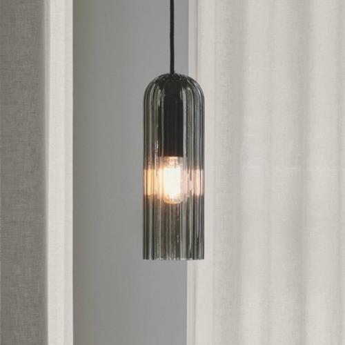 Hanglamp Miella, geribbeld glas, rookgrijs/zwart