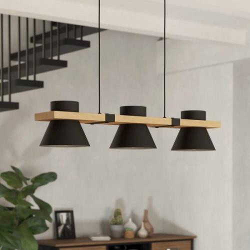 Hanglamp Maccles in zwart met hout, 3-lamps