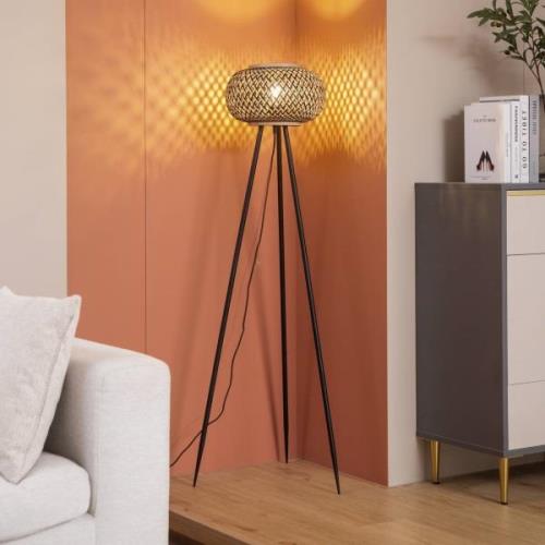 Lindby vloerlamp Nerys, zwart, bamboe, Ø 31,5 cm, driepoot