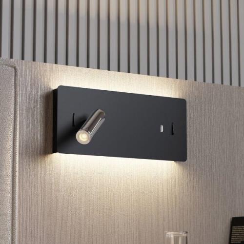 Lucande LED wandlamp Kimo, hoekig, zwart, aluminium, USB