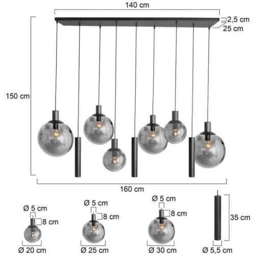 Bollique hanglamp, zwart, 9-lamps lang, glas, metaal