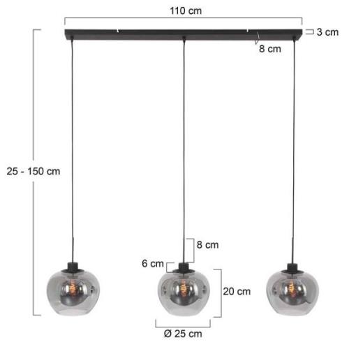 Lotus hanglamp, zwart, 3-lamps, balk, metaal, glas