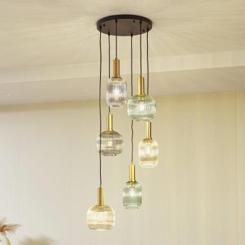 Lindby hanglamp Doroteo, 6-lamps, groen/amber/grijs, glas