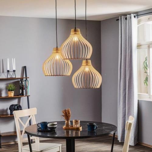 hanglamp Barrel met houten kappen, 3-lamps rond